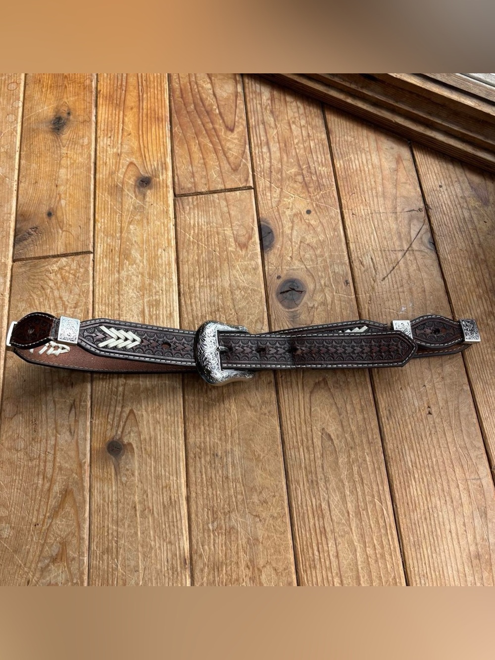 Brown Tooled Leather Belt with Silver Detailing